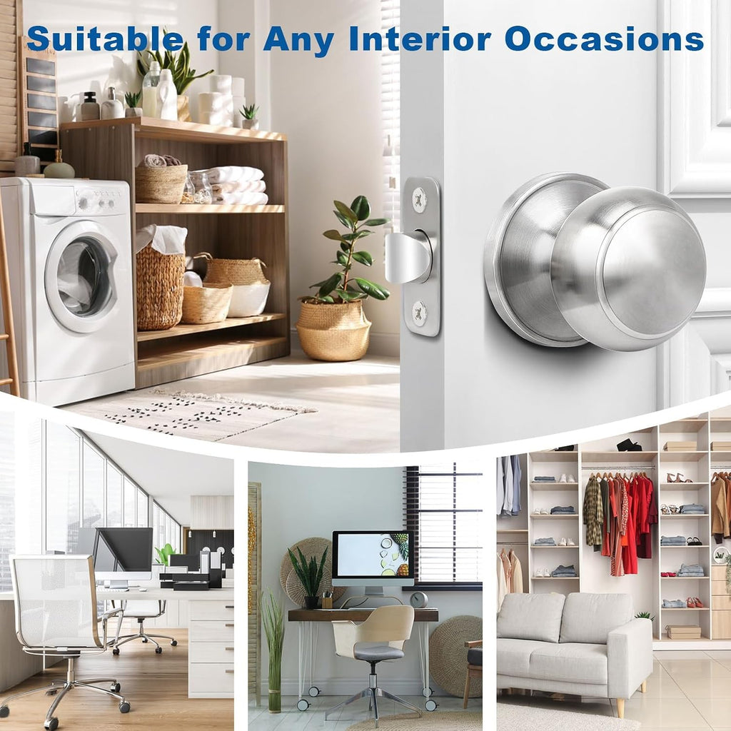 Brushed Nickel Door Knob, 10 Pack Round Keyless Doorknobs Interior Lockset