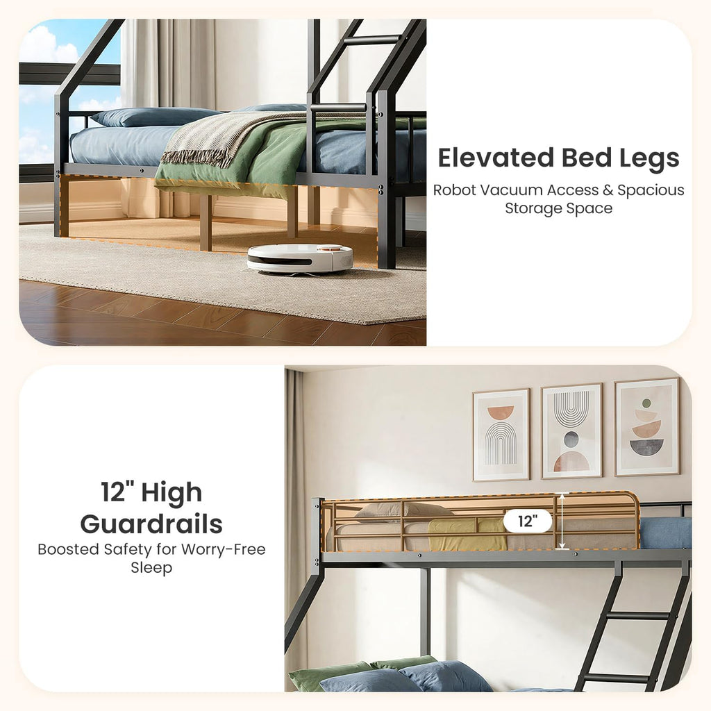 Heavy Duty Twin XL Over Queen Bunk Bed, Metal Steel Bed Frame with EVA-Padded Angled Ladder & Full-Length Guardrails