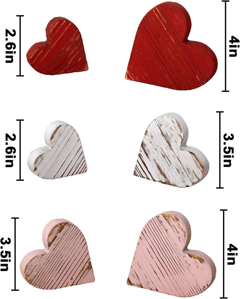 Valentines Day Tiered Tray Decor: Red Pink White Rustic Distressed Wood Heart Table Decorations Sign, Vintage - Set of 6