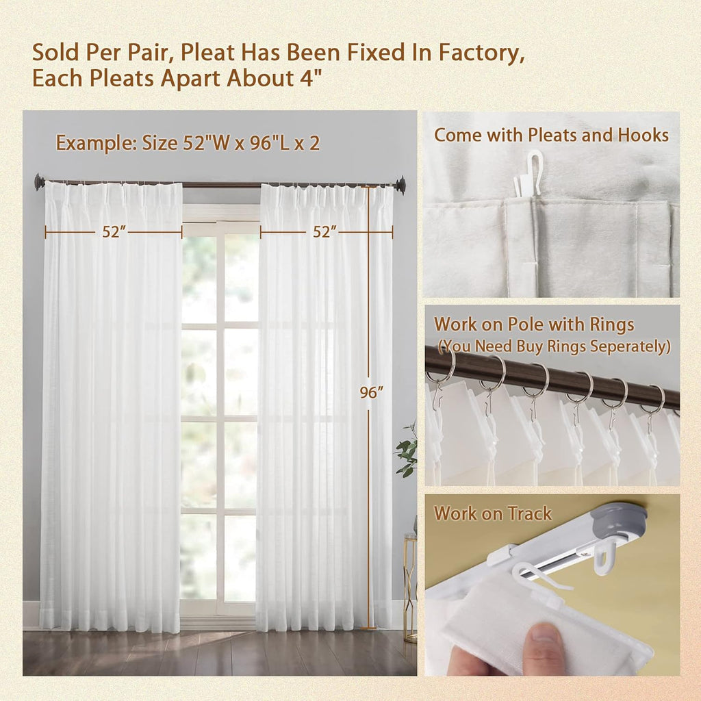 White Pinch Pleated Window Sheer Curtains 96 Inches Long 2 Panels, Luxury Velvet Soft Touch Opaque Privacy, Gently