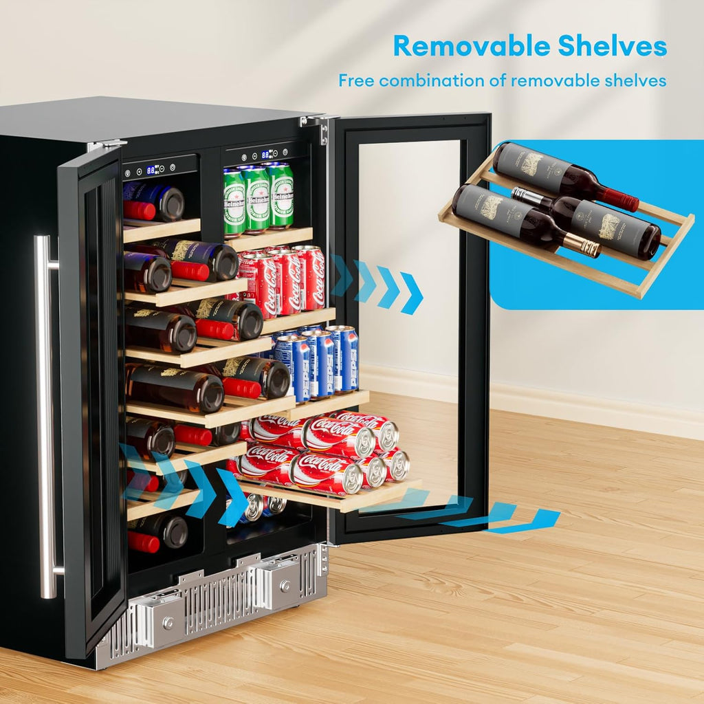 Wine and Beverage Refrigerator, 24 Inch Dual Zone Wine Cooler with Glass Door&Lo