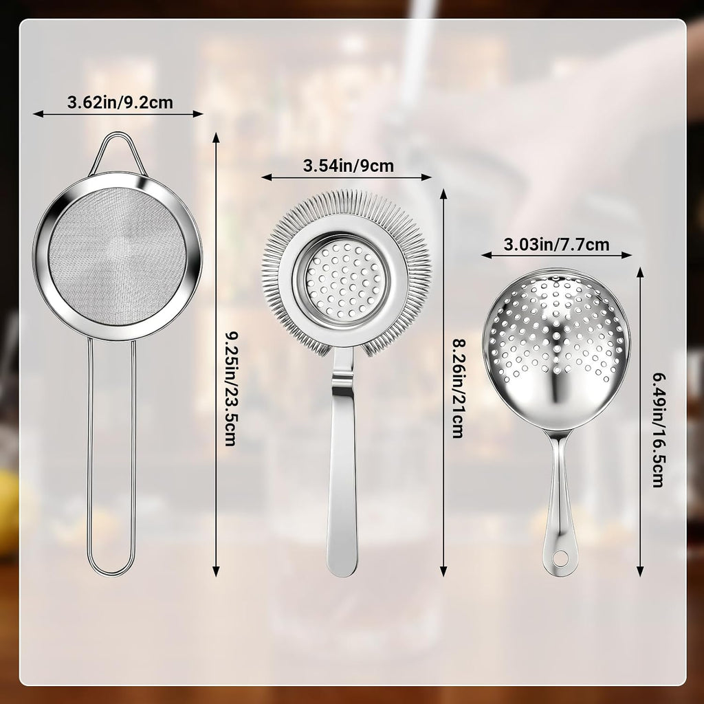 Cocktail Strainer Set, 3 Pack, Includes Hawthorne, Julep & Cone Shaped Fine Mesh Strainer, 304 Stainless Steel Bar - Set of 3