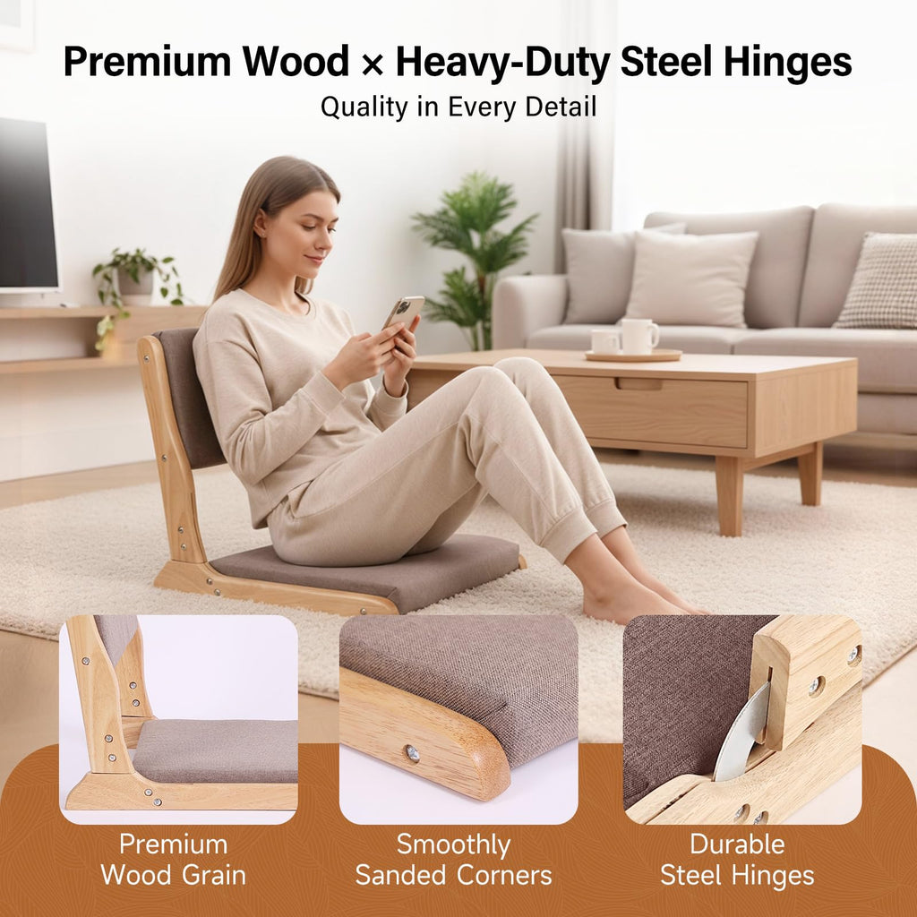 2-Pack Foldable Meditation Floor Chairs with Back Support, Wood Grey