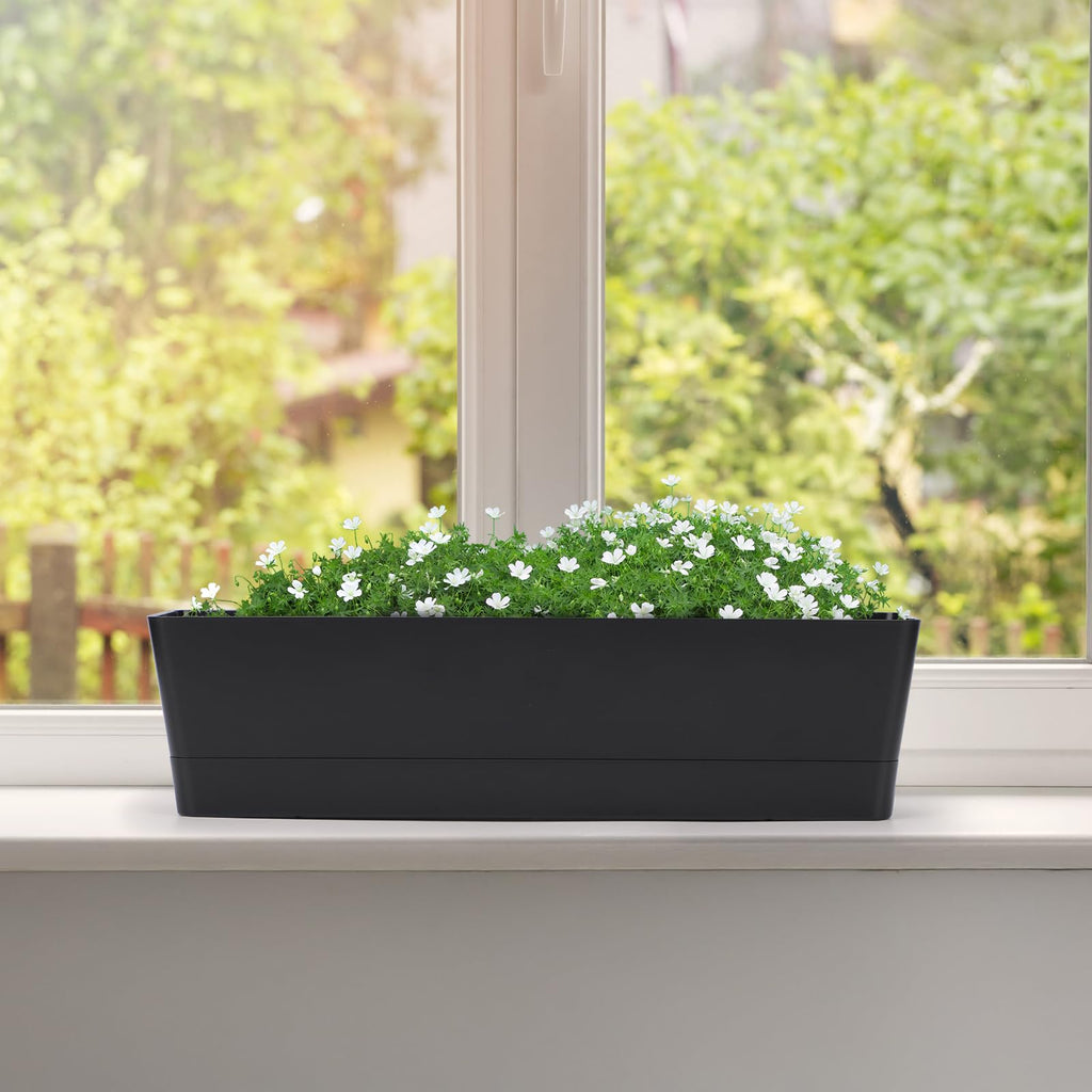 3PCS 16x3.8 Inch Window Boxes Planters, Black Rectangle Planters Box with Drainage Holes and Trays, Herb Succulents
