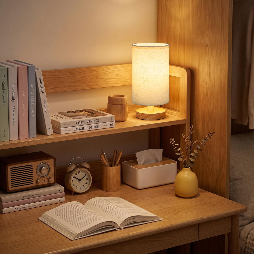 8.5" Small Table Lamps Set of 2 - Light Beige Shade & Wood Base