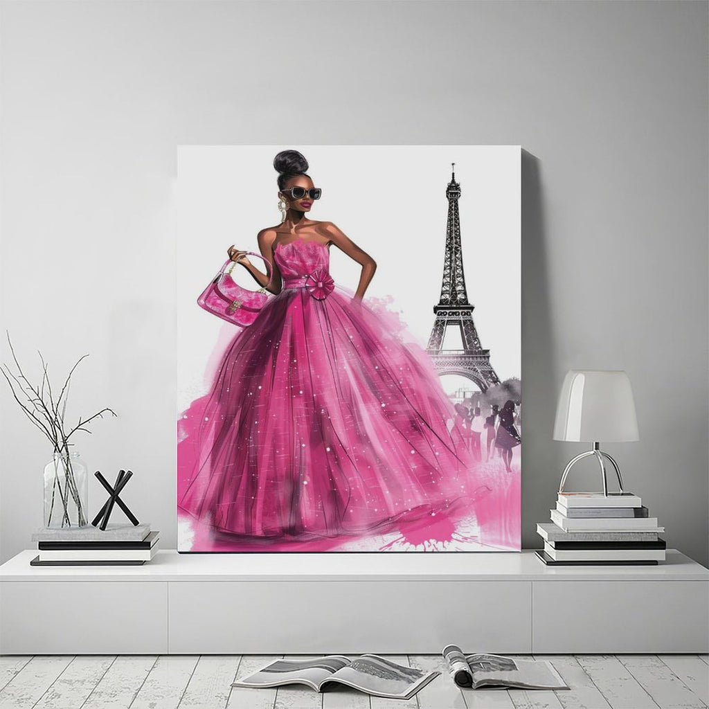 African American Canvas Wall Pink Dress Women Fashion Black Girl Pictures Decor Paris Eiffel Tower Painting Prints