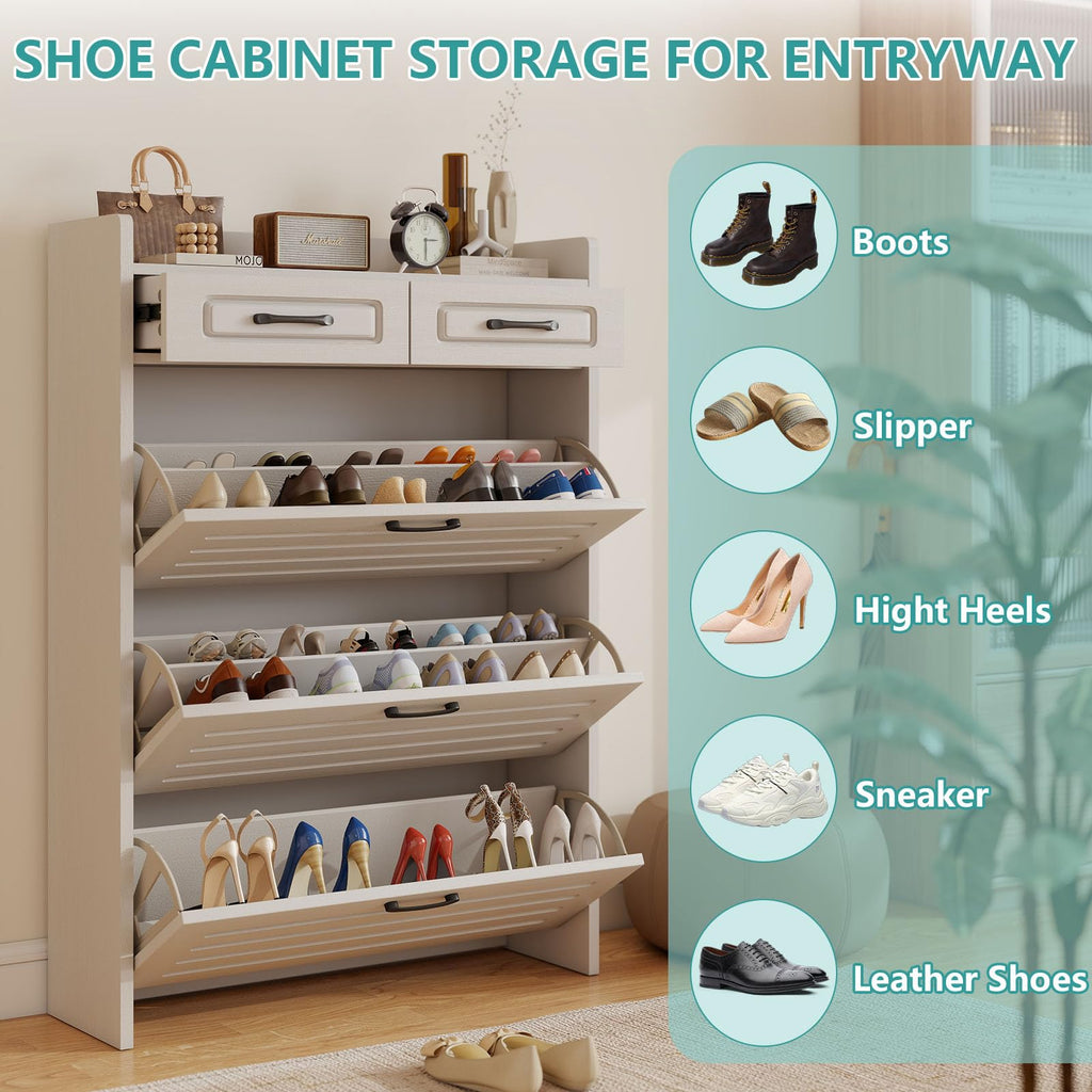 Shoe Cabinet Storage with 3 Large Flip Drawer&2 Drawer White