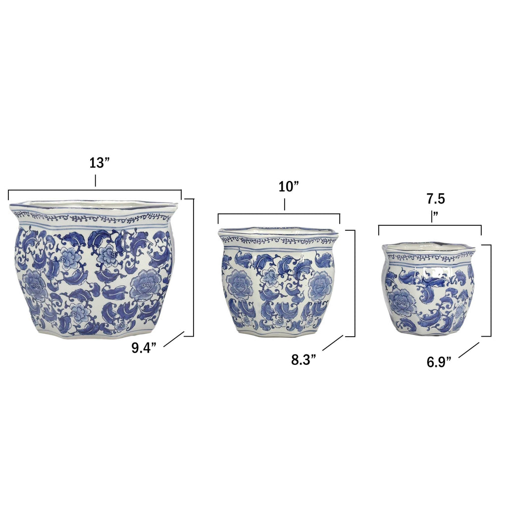 Blue & White Round Fluted Classic Floral Porcelain Ceramic Plant Flower Planter Pot Set of 3 (7.5", 10", 13") Garden