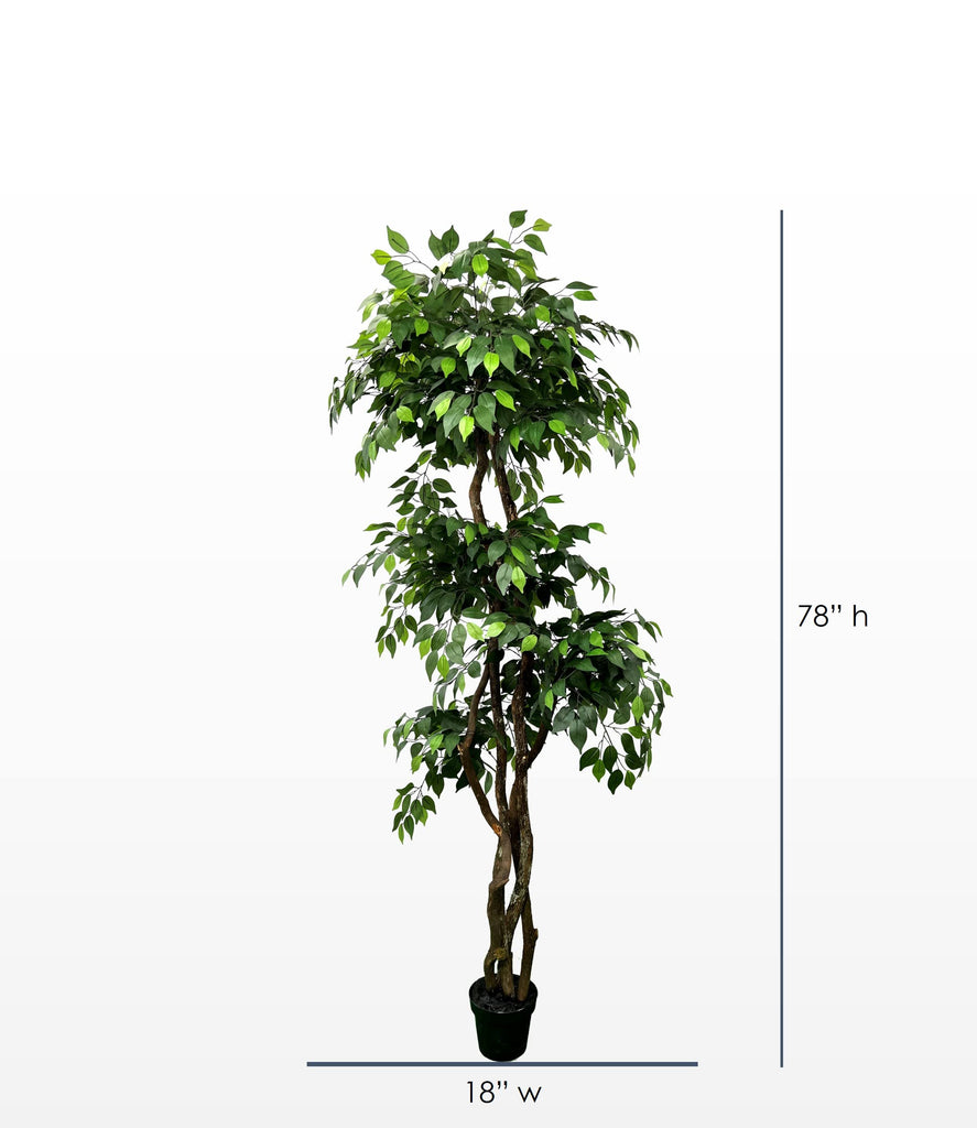 Handmade 6.5ft 3-Tier Ficus Artificial Tree with Ethically Sourced Real Wood Trunks, Hypoallergenic, 6.5-Foot, Green