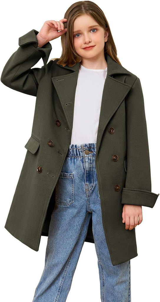 Girls Coat Double Breasted Notched Collar Wool Blend Long Trench Coat Winter Warm Peacoat Dress Coat with Pockets