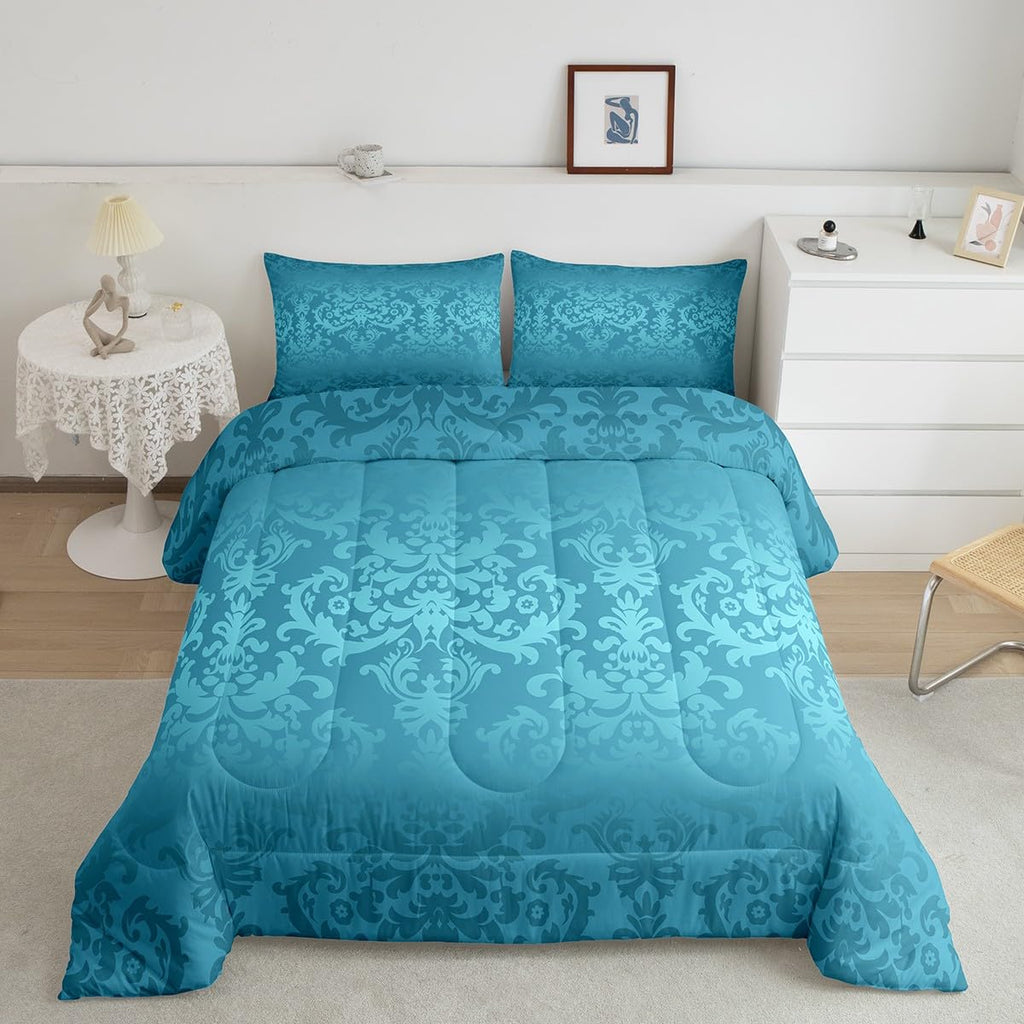 Lake Blue Quilt Bedding Set, Bohemian Paisley Damask Full Comforter Sets for Men Women Victorian Baroque Gothic Floral