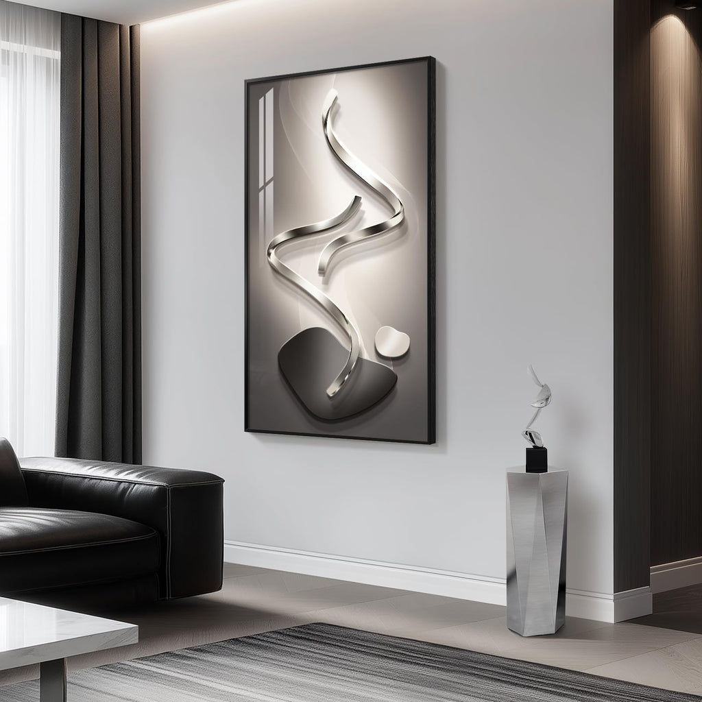 Large Framed Black Gray Abstract Wall Art, Vertical 30x60