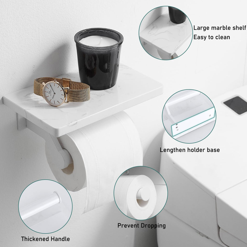 Toilet Paper Holder with Marble Shelf, Wall Mount White