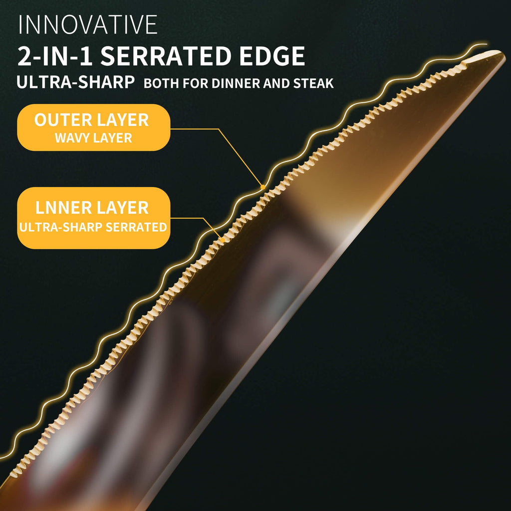 Hammered Gold Silverware Set for 8,18/10 Stainless Steel Flatware Set with Serrated Forged Knives,Heavy Duty