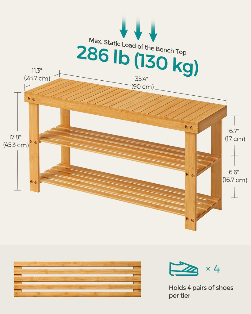 Shoe Rack Bench, 3-Tier Bamboo Entryway Bench, 35.2 Inches Width