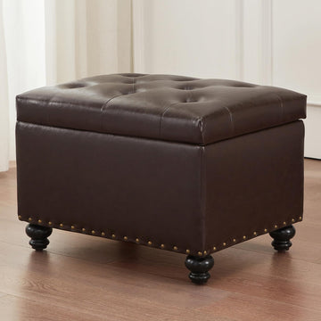 Leather Ottoman with Storage, Upholstered Button Tufted Ottoman Foot Rest, Foot Stools, 24" Rectangle Ottomans with