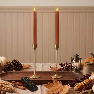 9.6 Inch Real Wax Flameless Taper Candles, Terracotta LED Candlesticks 2 Pcs with 3D Flame Remote and Timer, Battery