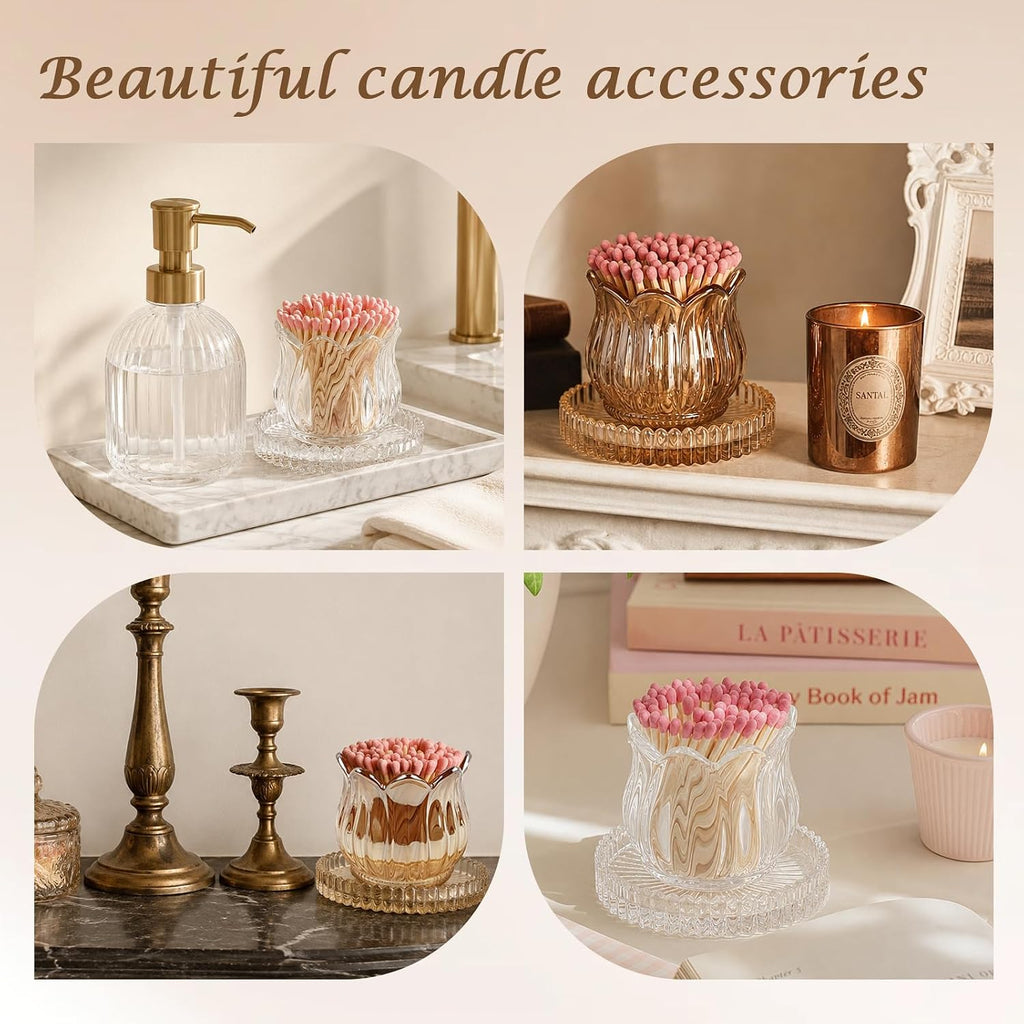 Glass Match Holder with Striker, Lily Shape Match Jar,Clear:Lily:1