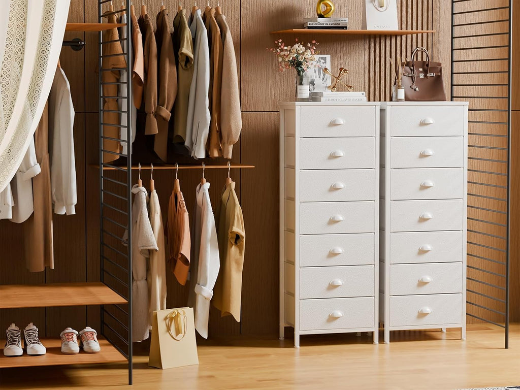White Bedroom Dresser, Tall Dressers & Chests of Drawers with 7 Fabric Bins & Vintage Dressers & Chest of Drawers