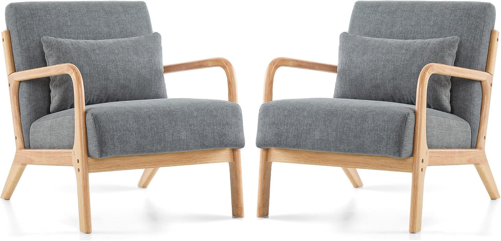 Mid Century Modern Accent Chair Set of 2, Upholstered Chair , Accent Chair with Lumbar Pillow Solid Wood Frame