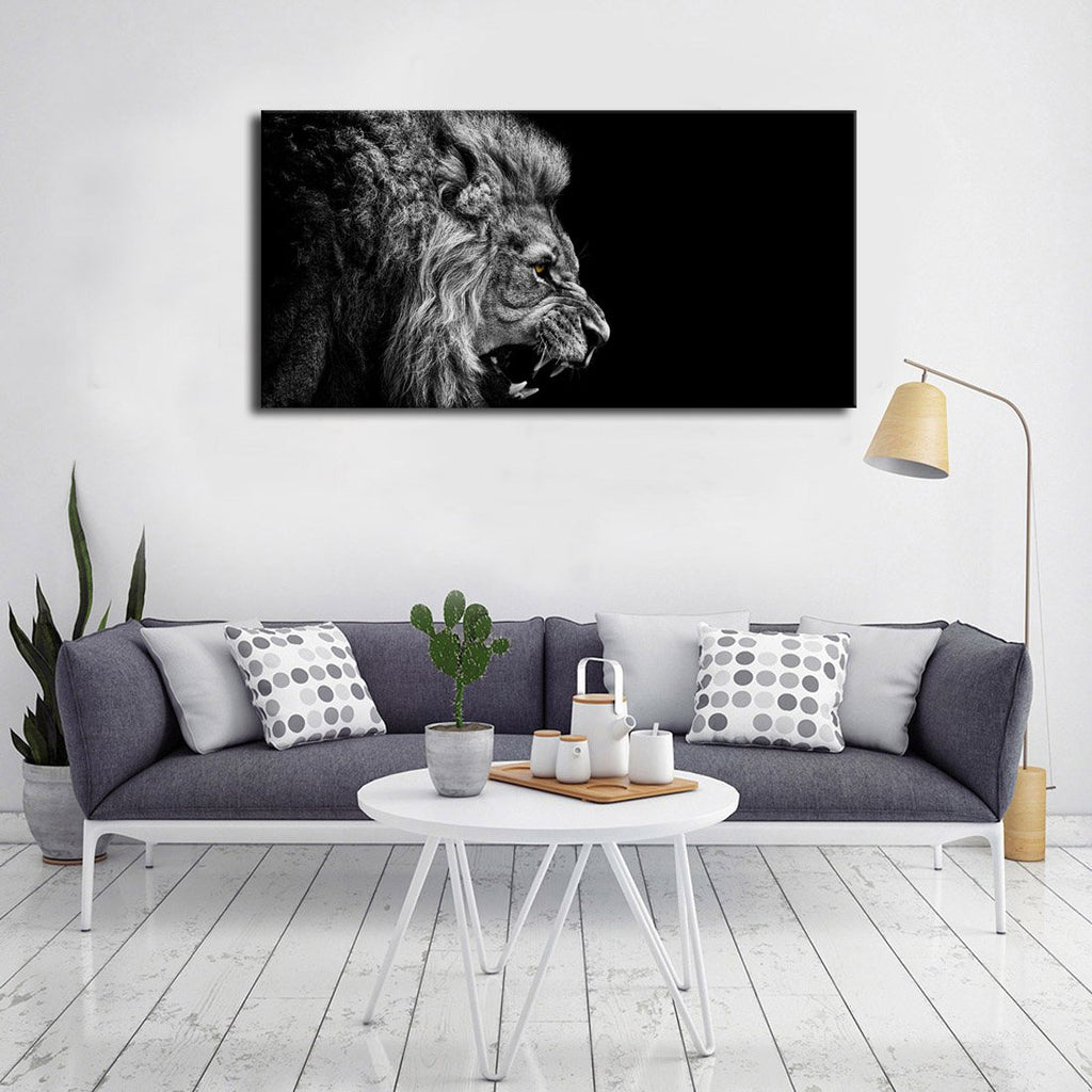 Large Black and White Lion Canvas Wall Art Modern Beast Pictures, 20"x40"