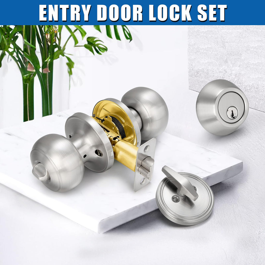 4 Sets Entry Door Knob and Single Cylinder Deadbolt Combo Set, Keyed Alike