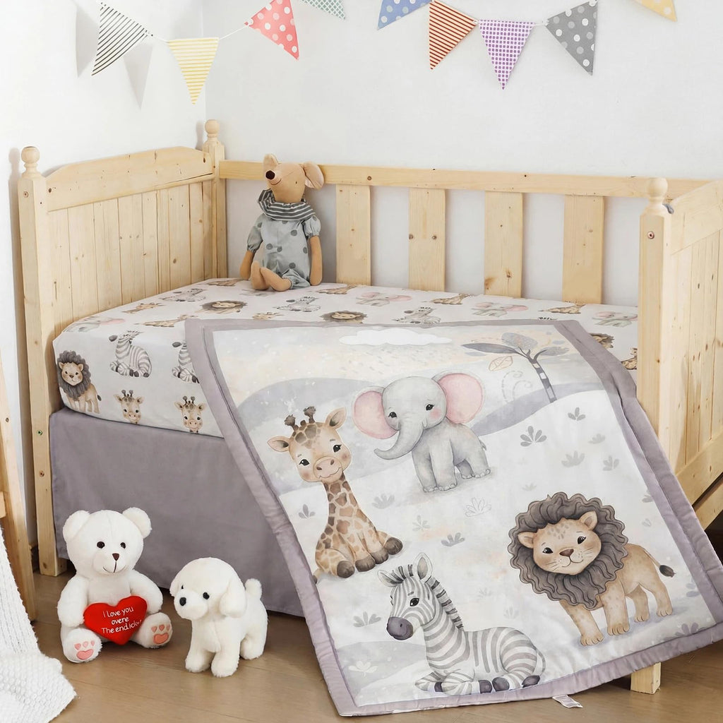 3 Pcs Bear Crib Bedding Set Nursery,Light Blue,Safari