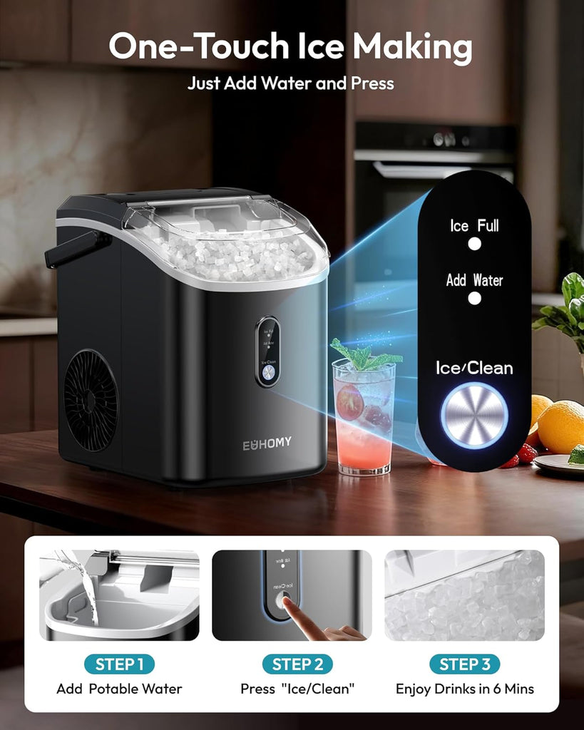 Nugget Ice Maker Countertop with Handle, Ready in 6 Mins, 38lbs/Day, Removable Top Cover, Self-Cleaning, Portable