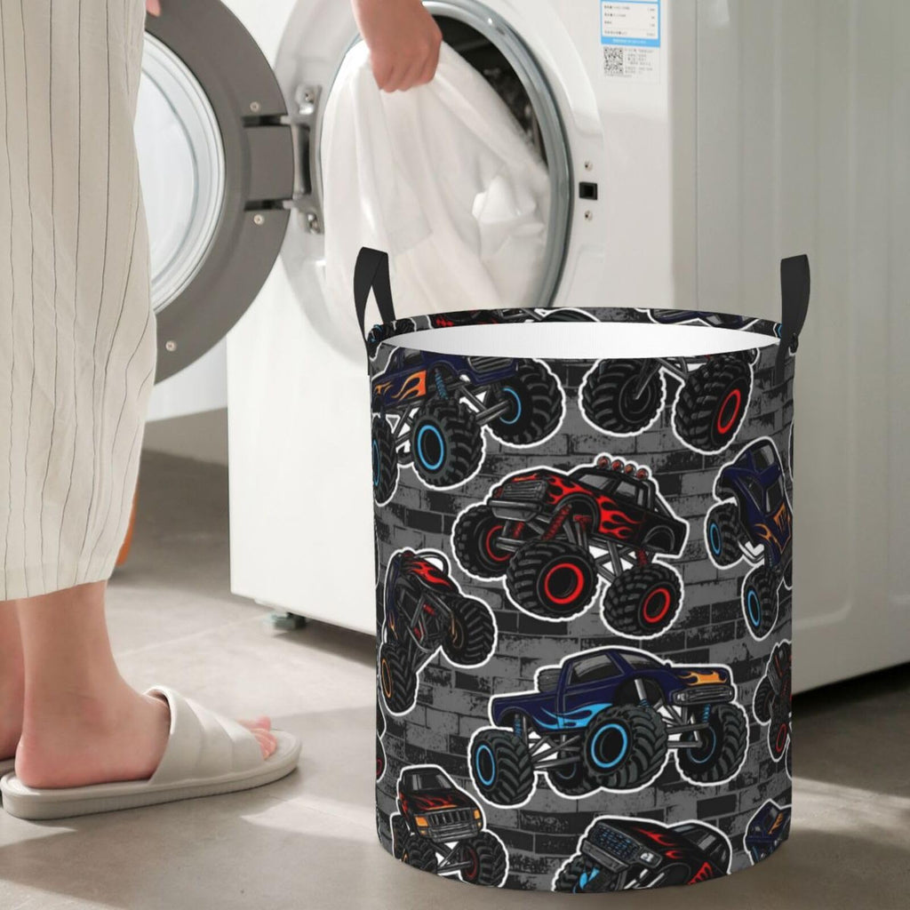 Monster Truck Boys Style Round Laundry Hamper Storage Basket Toys Clothes Organizer Bin Bathroom Bedroom Dorm