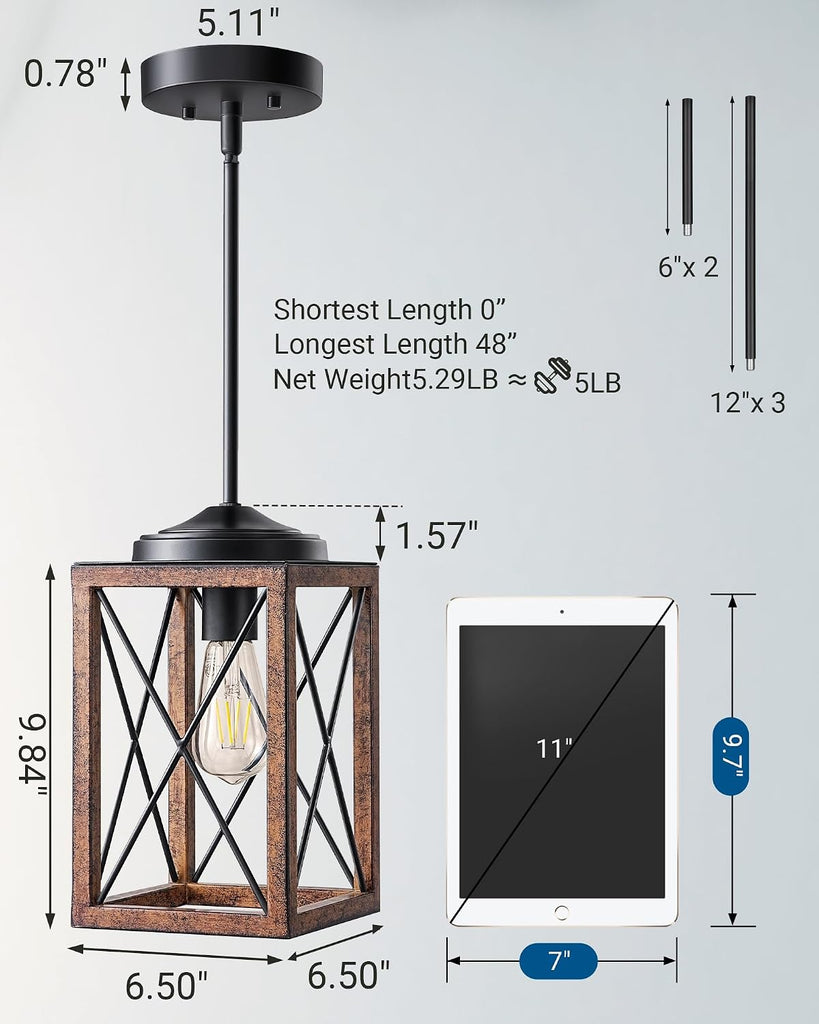 2 Pack Farmhouse Pendant Light, Metal Hanging Light Fixture with Wooden Grain Finish, 48 Inch Adjustable Pipes for