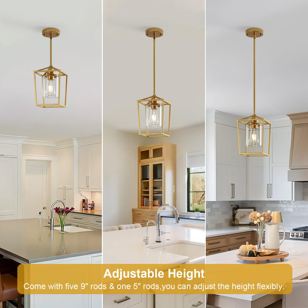2 Pack Gold Pendant Lights Kitchen Island, Modern Farmhouse Kitchen Pendant Light Fixtures, Metal Cage Island Lights