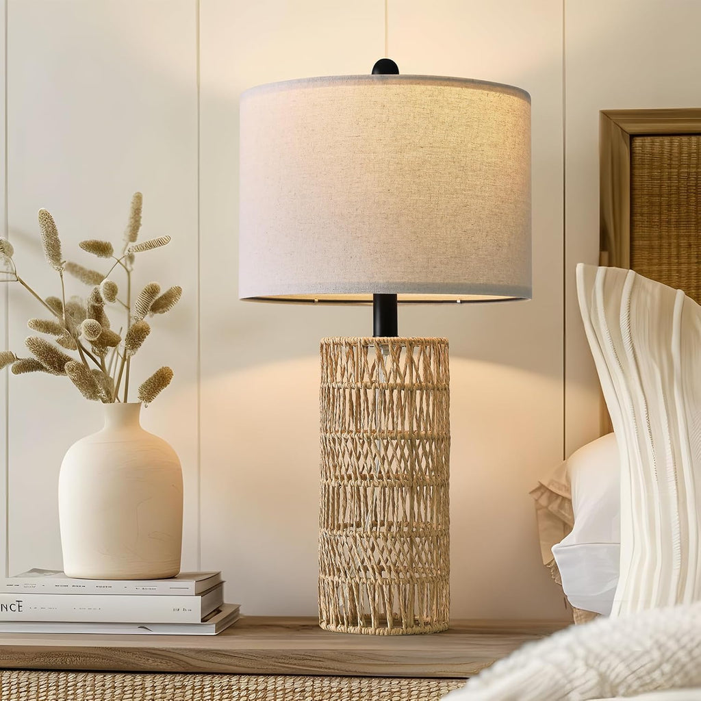 22.5" Boho Table Lamps Set of 2, Bedside Lamp for Nightstands, Rattan Lamp, Farmhouse Table Lamp for Room Decor