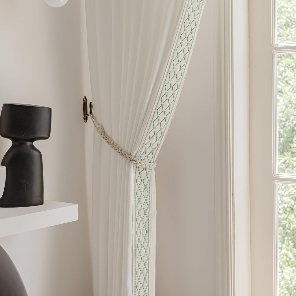 White Colour Linen Curtain Panels with Embroidered Trim Design, Pinch Pleat Curtains, Semi-Sheer Curtains for Sliding