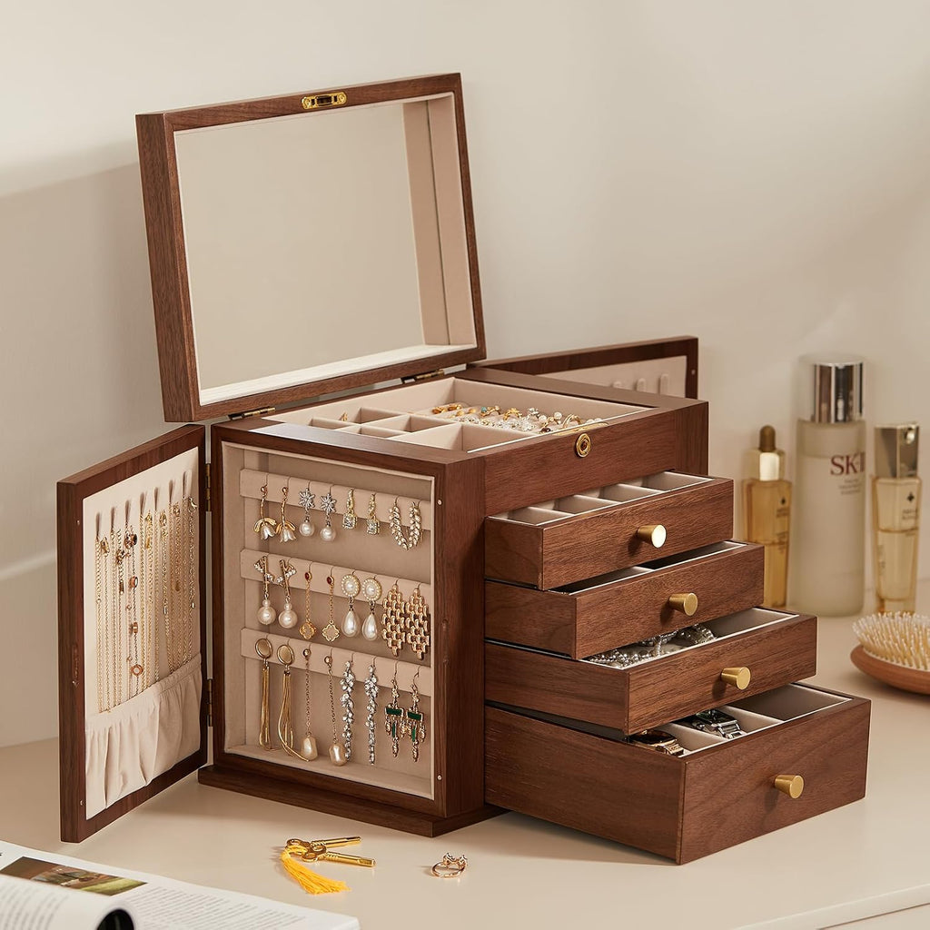 Black Walnut Wooden Jewelry Box for Women with Lock, Mirror, 5 Layer