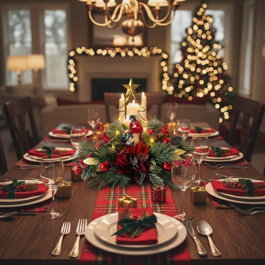 Nativity LED Christmas Tree Tabletop Centerpiece, Holy Family Christmas Decoration with Warm Lights, Red Poinsettia &
