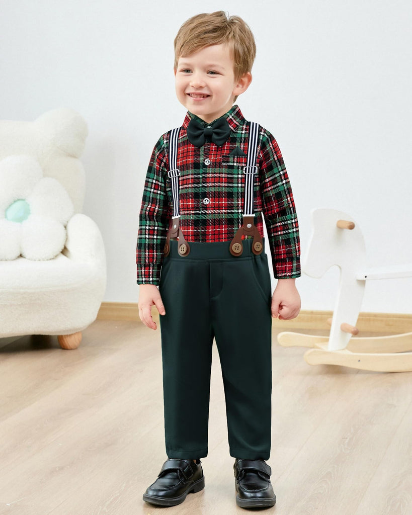 Baby Boy Clothes Set Infant Tuxedo Christmas Long Sleeve Gentleman Suit Outfits + Beret Hat + Suspender Pants +