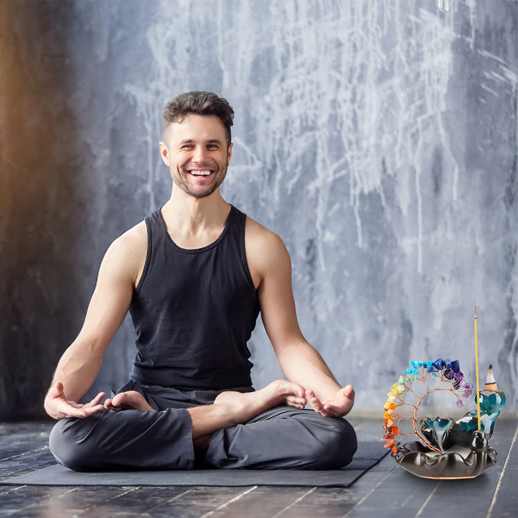 Backflow Incense Burner Ceramic Incense Waterfall 7 Chakras Crystal Tree Incense Holder Namaste Yoga Meditation