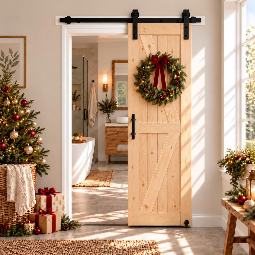 30in x 80in Unfinished British Brace Knotty Barn Door with Sliding Door Hardware Kit/Solid Wood/Sliding/Double