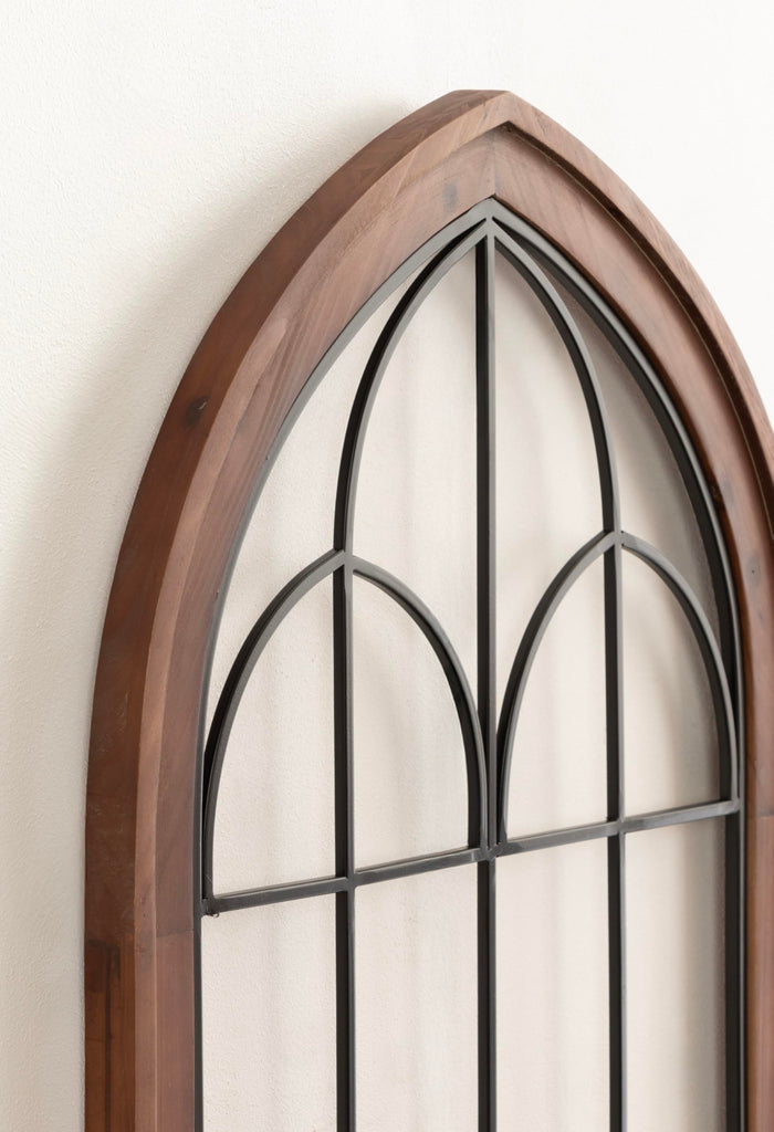 Rennell Farmhouse Arched Wall Art Plaque; 19 x 36; Walnut Brown and Black; Wood and Metal Windowpane Wall Decor for