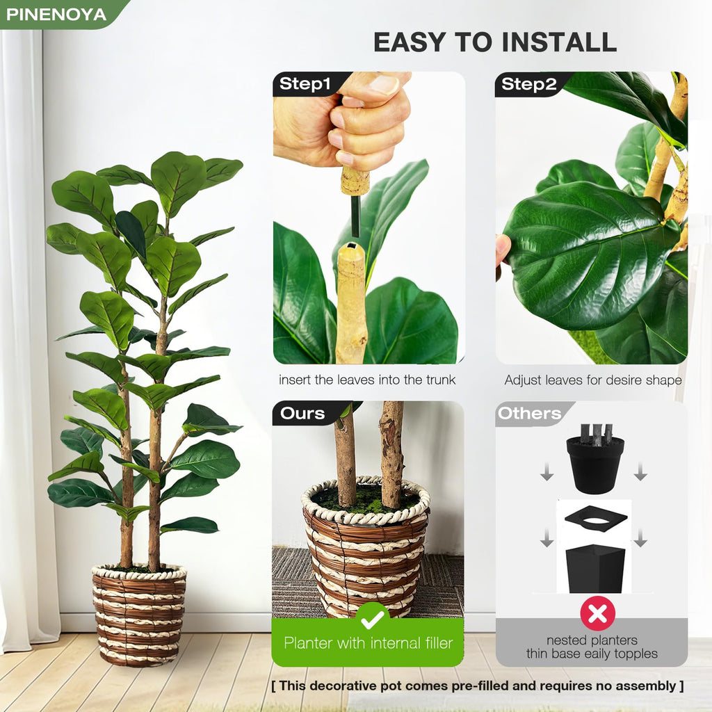 4ft Fiddle Leaf Fig Tree Artificial Plants in Woven Basket