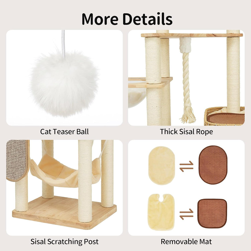 Solid Rubberwood Cat Tree Tower with Scratching Post, Hammock Ect, 65 Inch Hight