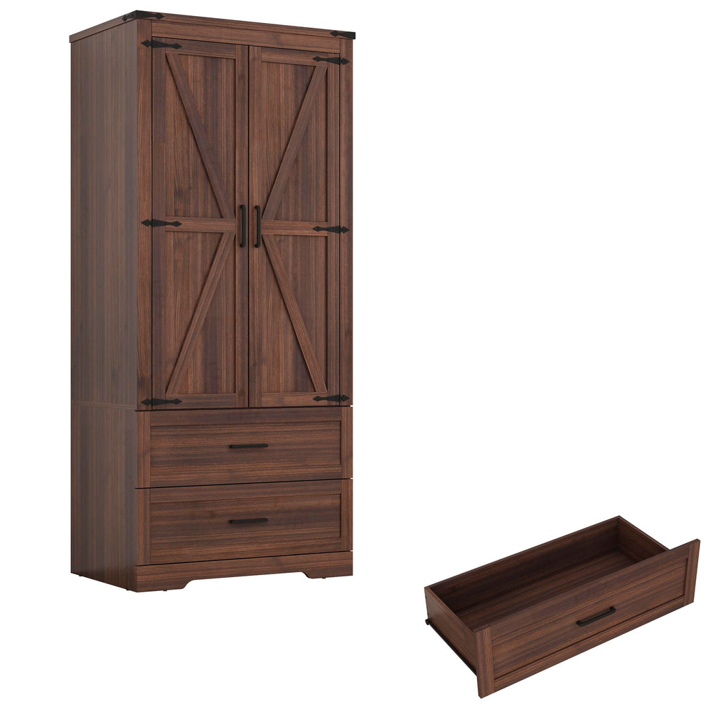 2 Doors Wardrobe Armoire Closet with Doors and Drawers, Farmhouse Wooden Armoire Storage Cabinet with Shelves &