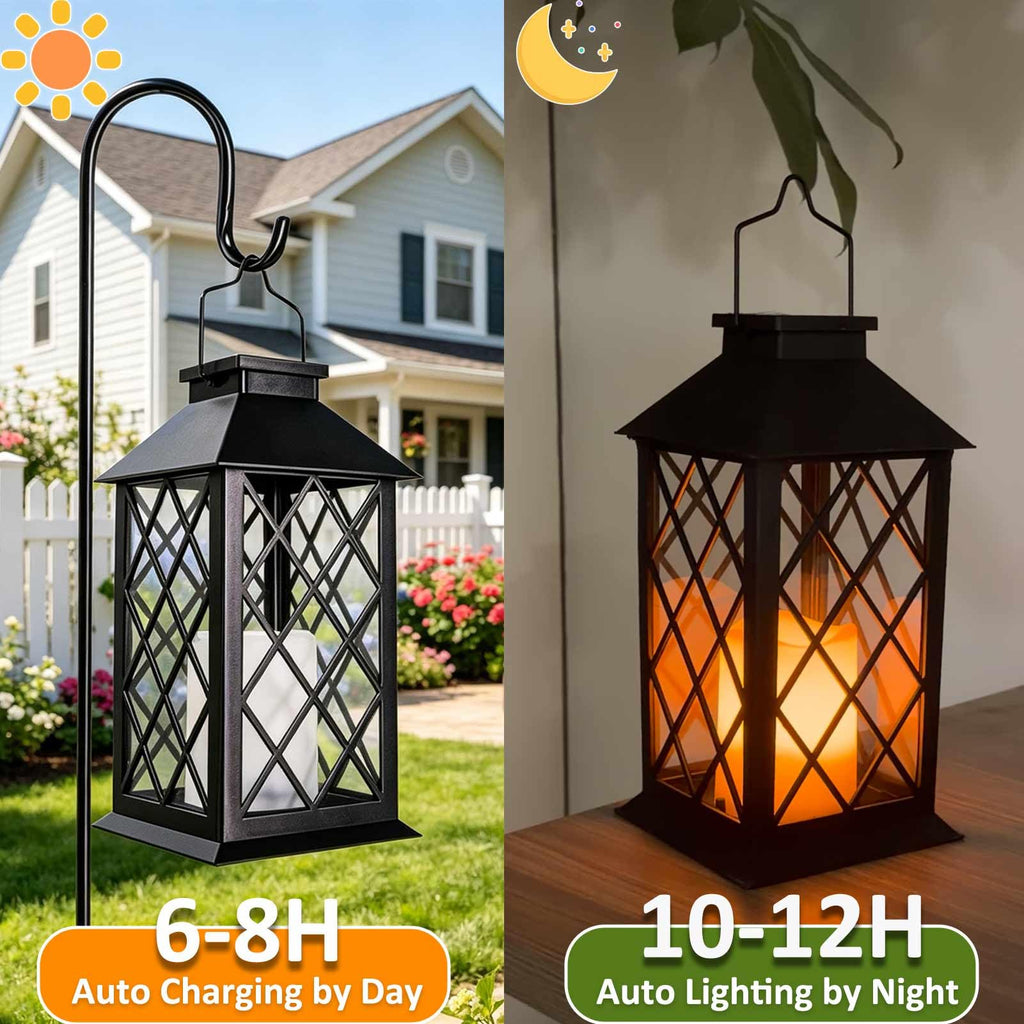 14" Large Tempered Glass Solar Lanterns Outdoor Waterproof, Black