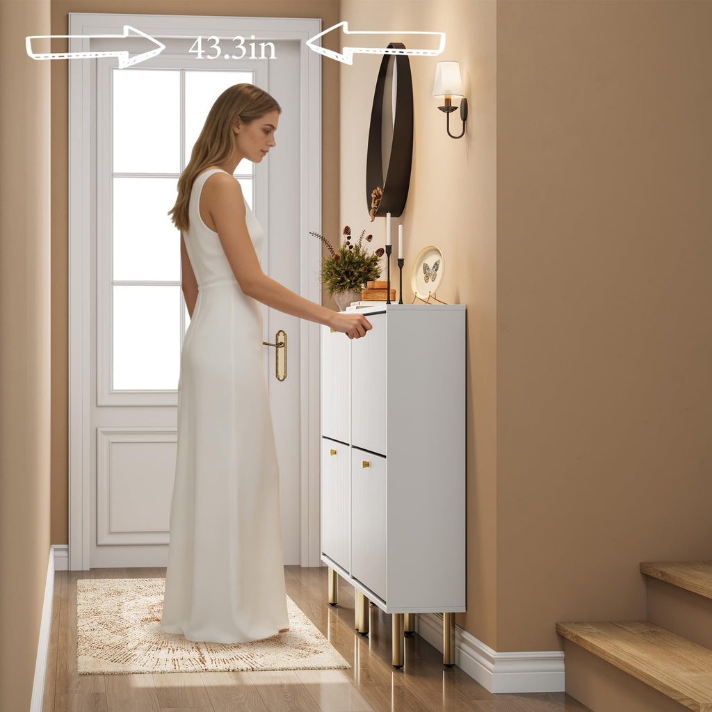 Shoe Storage Cabinet - 2 Flip Drawers Shoe Cabinet with Tiered Fluted Design - Slim Shoe Storage Rack with Gold Legs