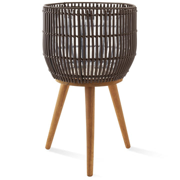 Indoor Planter with Stand, Dark Brown Floor Planter with Wood Legs, Large Plant Pot Cover with Liner plants, Flower