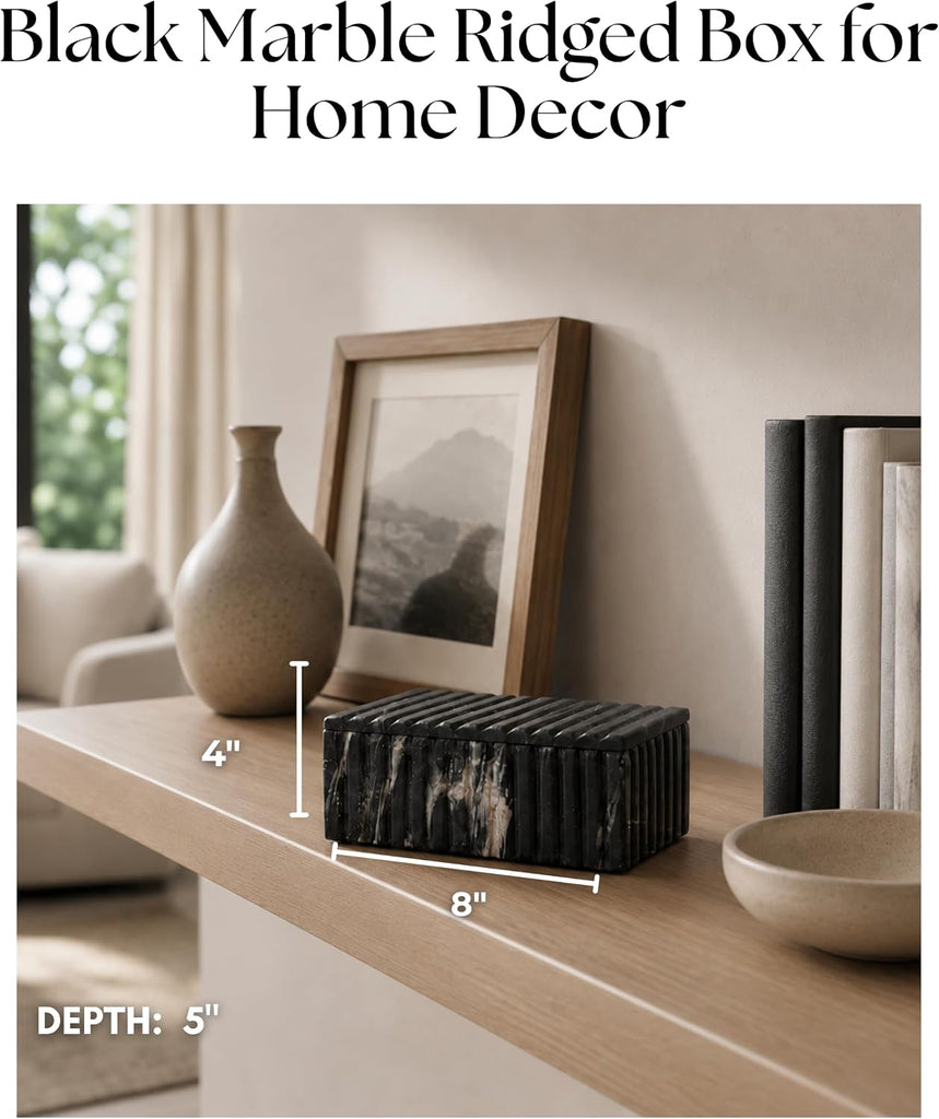 Decorative Marble Ridged Box Decor - Modern Storage Box with Lid for Jewelry, Keepsake, and Shelf Accent - Home