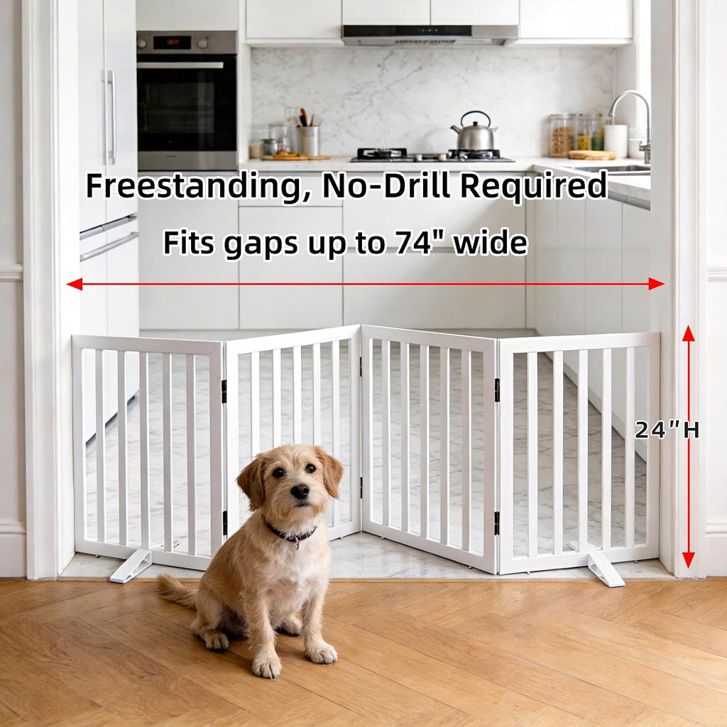 Freestanding Indoor Dog Gate Foldable Wood White Puppy Gate for Doorways Pet Gate for Stairs Extra Wide Pet Fence 24"