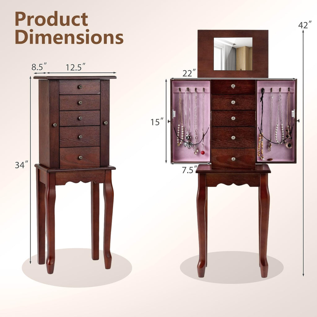 Standing Jewelry Armoire Cabinet with 4 Drawers, Flip Top Mirror, Top Storage Compartments, 2 Side Doors with 8