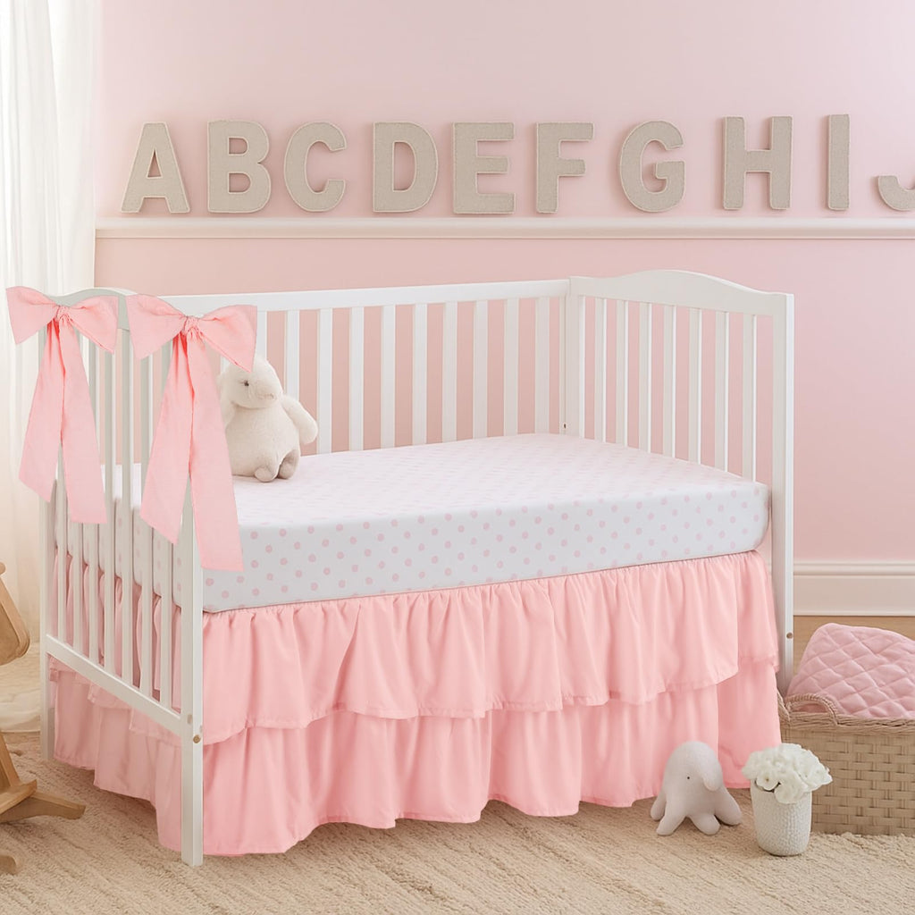 Pink Crib Bed Skirts with 4 Large Cot Bow 28" x 52", 14" Drop