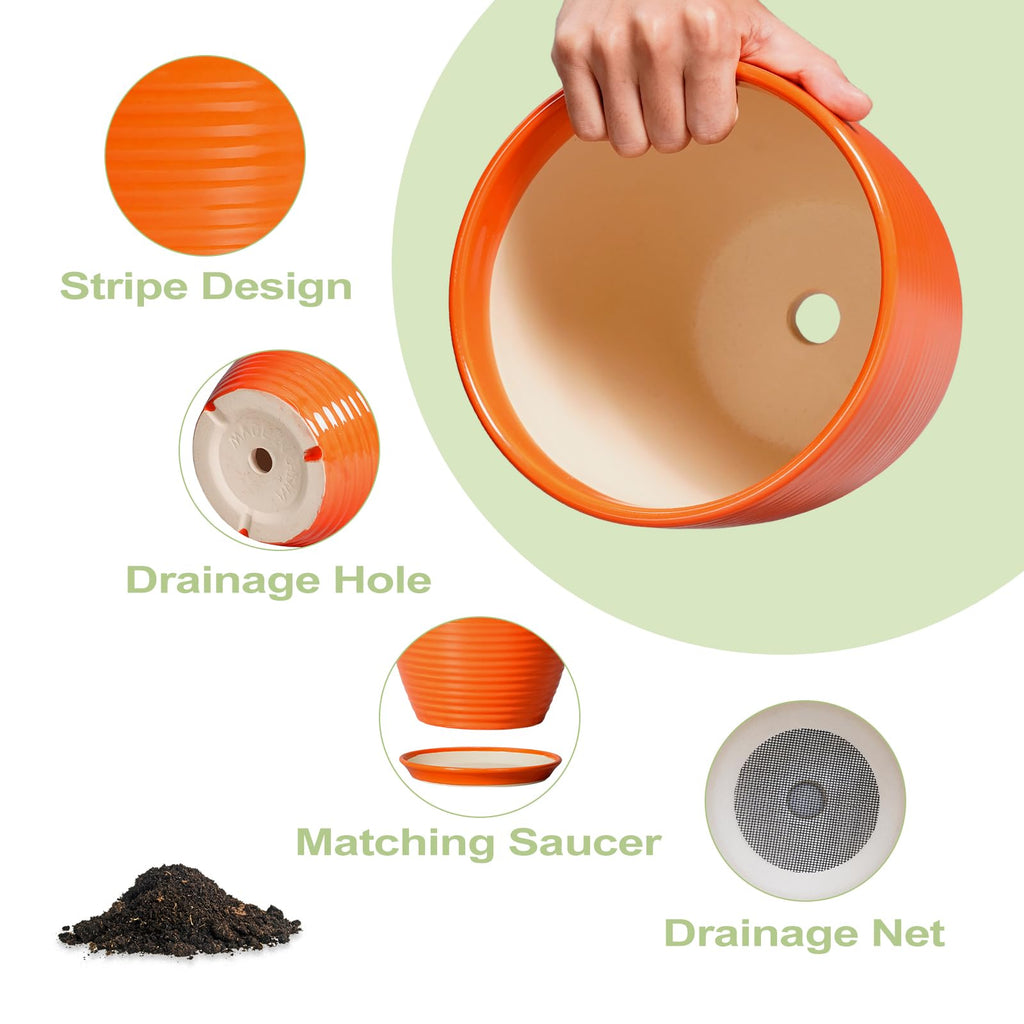 12 Inch Plant Pot, Ceramic Planters for Plants with Drainage and Saucer, Orange